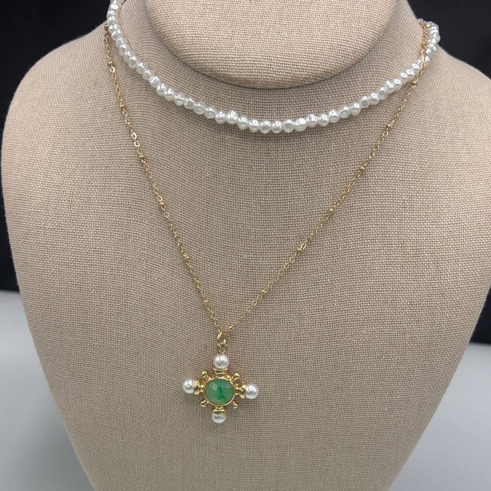 Gold-Plated Pendant Necklace with Green Center and Pearl Accents